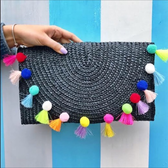 Handbags - Real Straw Pom Pom Clutch. Carnival time or Vacay!